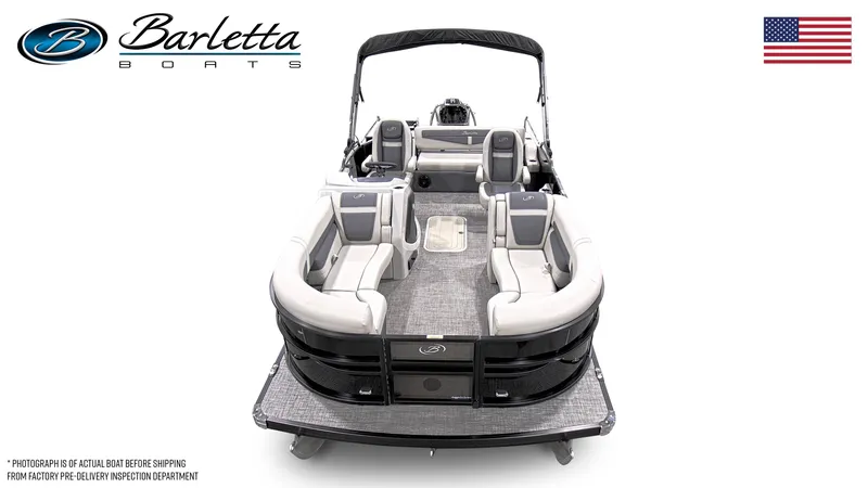 Slide: The Image of 2024 Barletta Cabrio 22UC pontoon boat, spacious seating, sleek design, American flag, Barletta logo. - 2