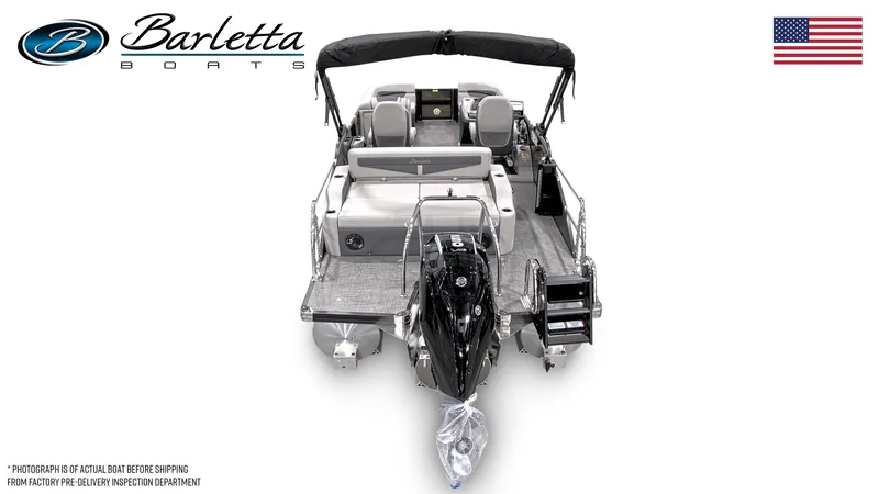 Slide: The Image of 2024 Barletta Cabrio 22UC pontoon boat, rear view, with motor and seating, USA flag. - 4