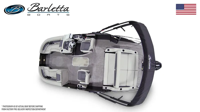 Slide: The Image of 2024 Barletta Cabrio 22UC pontoon boat, top view, showcasing spacious seating and modern design. - 5