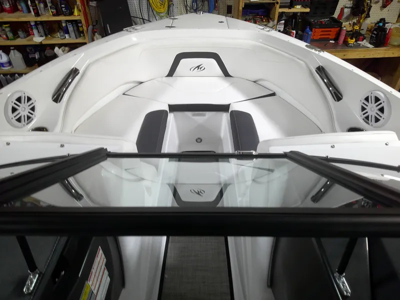 Slide: The Image of 2023 Monterey 224FS boat interior with white and black seating. - 3