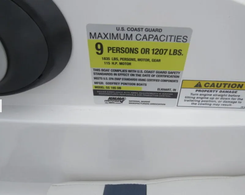 Slide: The Image of 2023 Hurricane SunDeck 185 OB capacity label: 9 persons or 1207 lbs, 115 HP motor. - 15