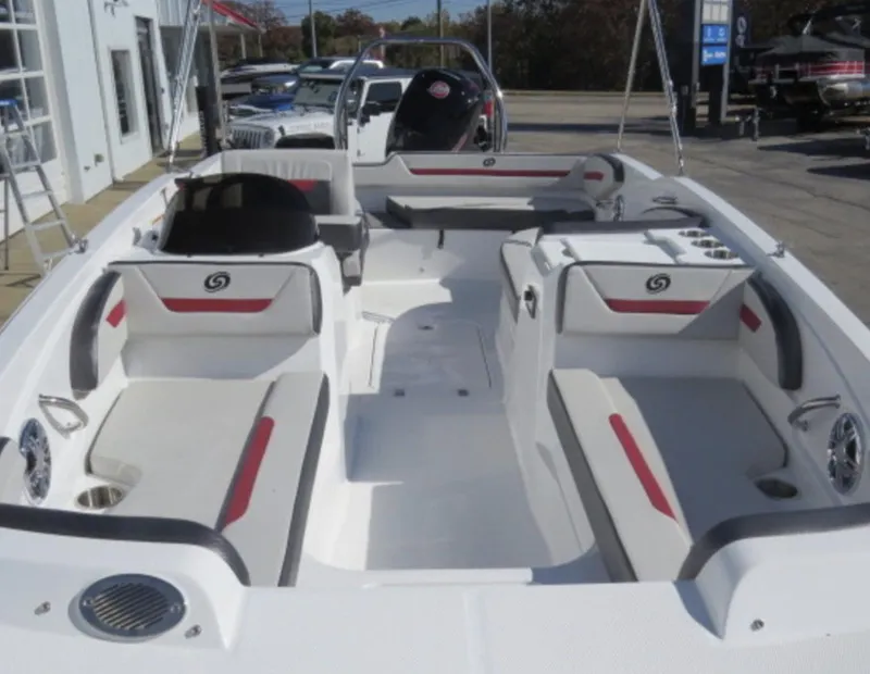 Slide: The Image of 2023 Hurricane SunDeck Sport 205 OB boat interior with white and red seating. - 7