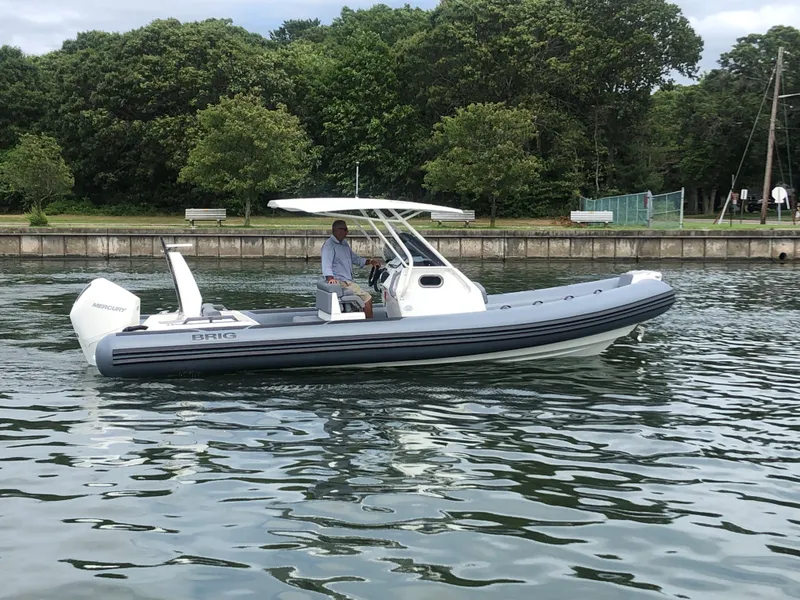 Slide: The Image of 2024 Brig Eagle 8 boat cruising on a calm lake near a wooded shoreline. - 15