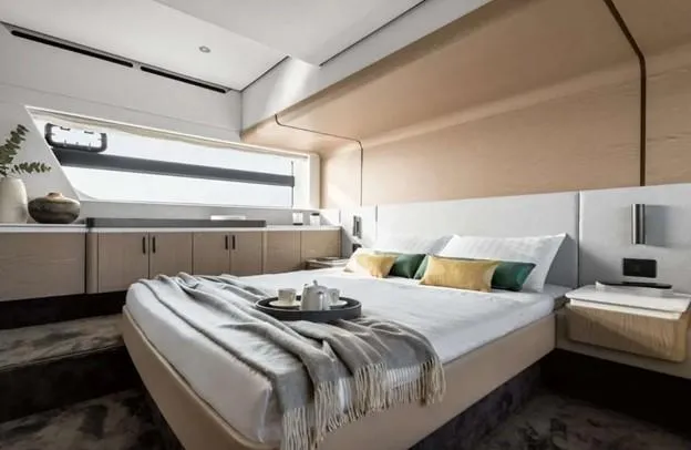 Slide: The Image of Luxurious bedroom interior of 2024 Azimut 53 Fly yacht with modern design and elegant decor. - 6