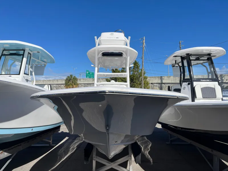 Slide: The Image of 2025 Tidewater 2500 Carolina Bay boat displayed between two other boats. - 1