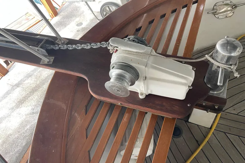 Slide: The Image of Anchor windlass on a 1984 CHB 35 boat deck. - 23