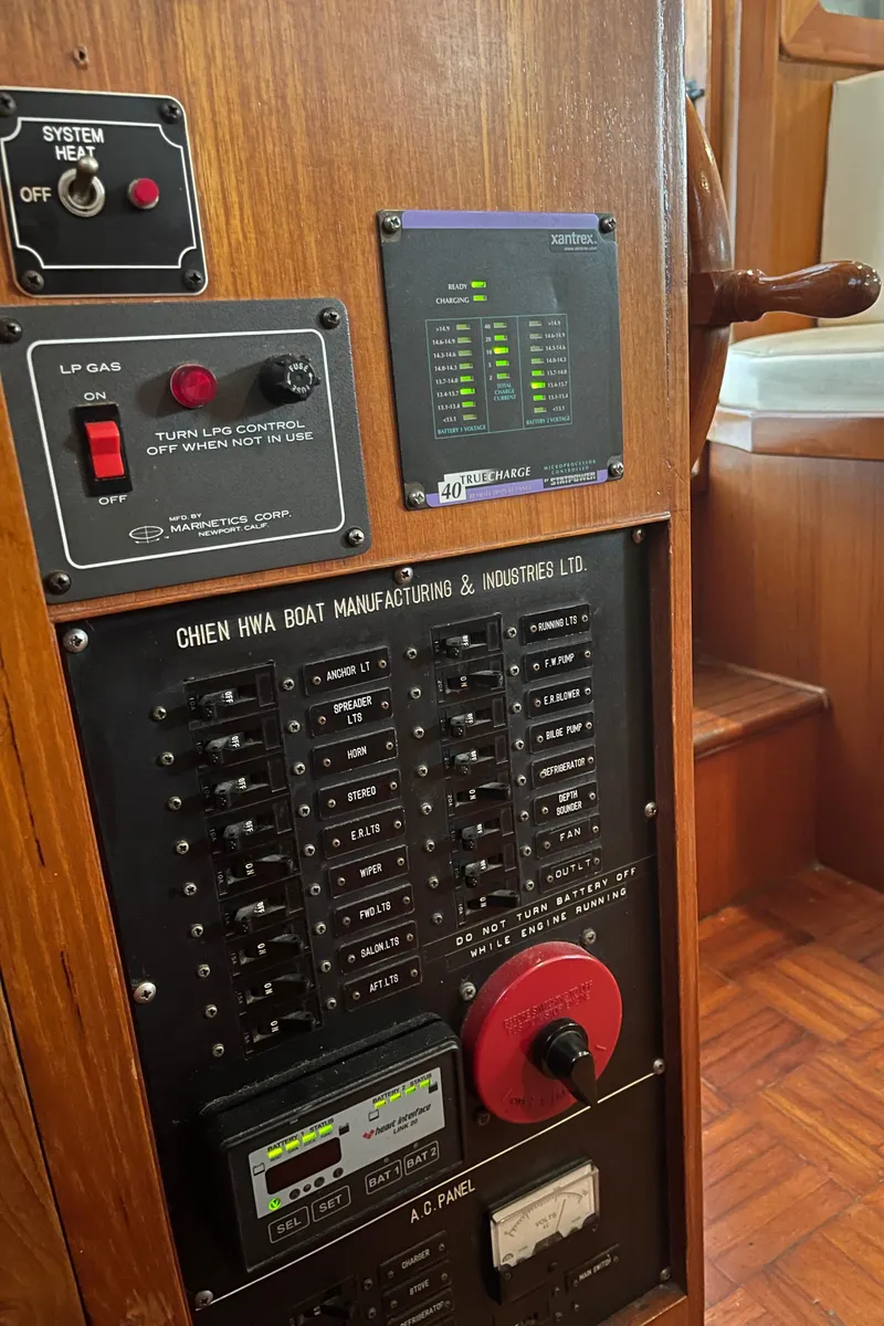 Slide: The Image of Control panel of a 1984 CHB 35 boat with various switches and indicators. - 33