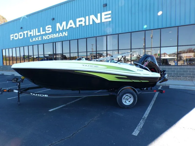 Slide: The Image of 2024 Tahoe T18 boat on trailer at Foothills Marine Lake Norman. - 2