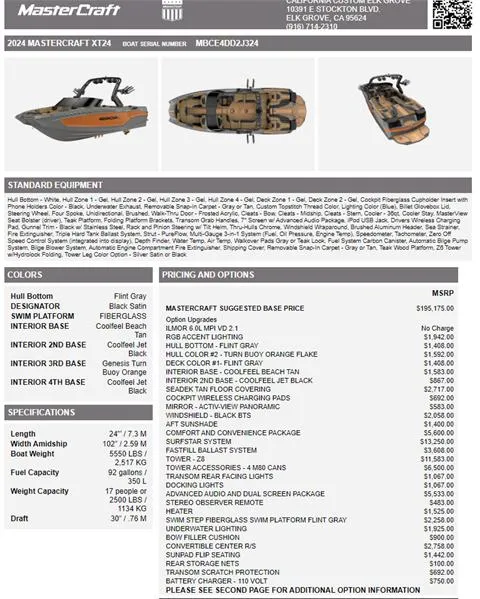 Slide: The Image of 2024 MasterCraft XT24 boat specifications, pricing, and options sheet. - 20
