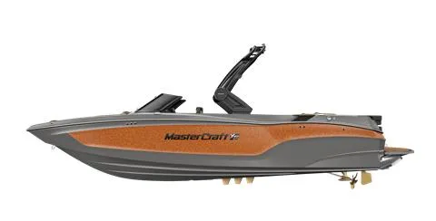 Slide: The Image of 2024 MasterCraft XT24 boat, side view, gray and orange design. - 22