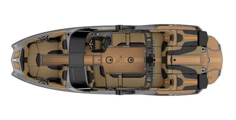 Slide: The Image of Top view of a 2024 MasterCraft XT24 boat with luxurious seating and deck layout. - 23