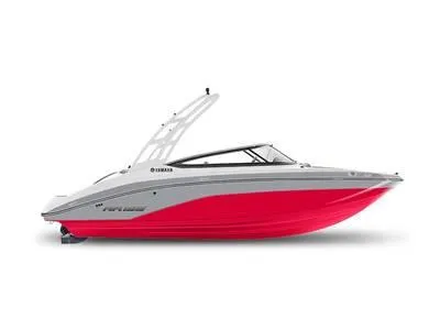 Slide: The Image of 2024 Yamaha Boats AR195, red and white speedboat side view. - 1