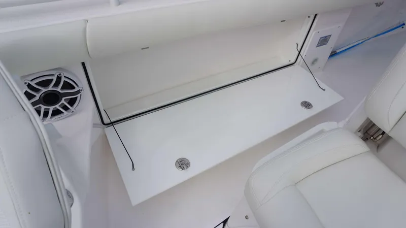 Slide: The Image of Storage compartment and speaker on the 2024 Everglades 273 CC boat. - 8