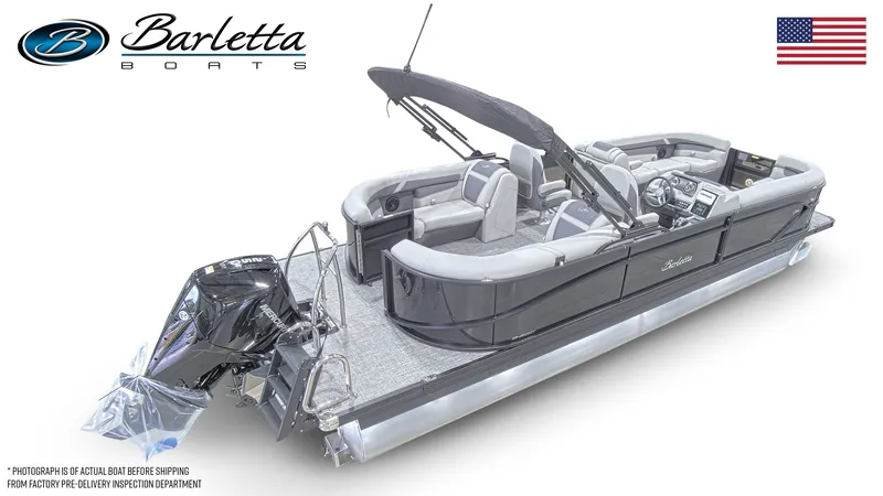 Slide: The Image of 2024 Barletta Cabrio 24QC pontoon boat with modern seating and powerful outboard motor. - 4