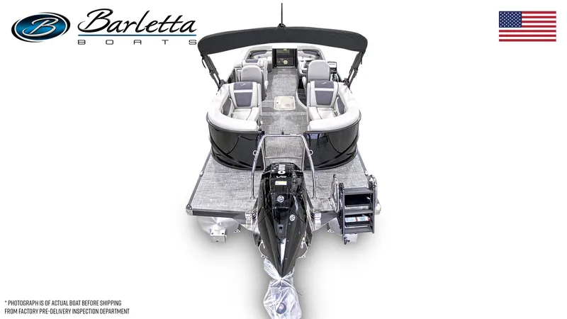 Slide: The Image of 2024 Barletta Cabrio 24QC pontoon boat, rear view with motor and seating. - 5