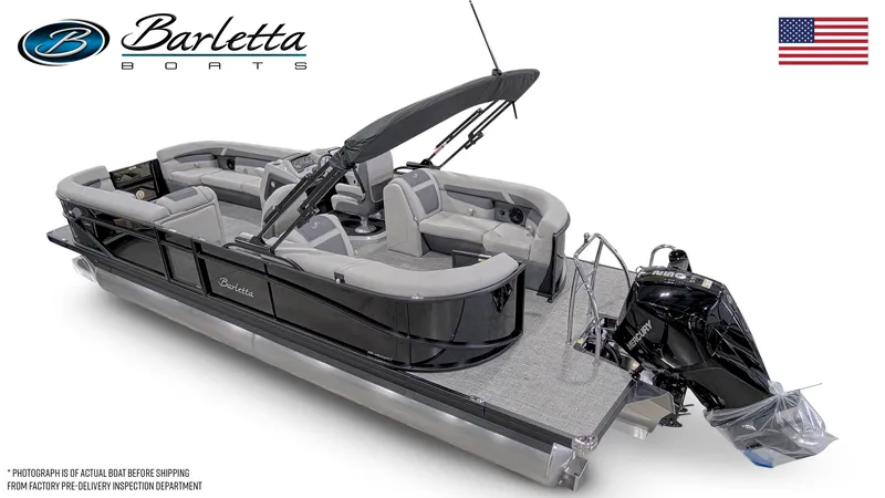 Slide: The Image of 2024 Barletta Cabrio 24QC pontoon boat with sleek design and powerful outboard motor. - 6