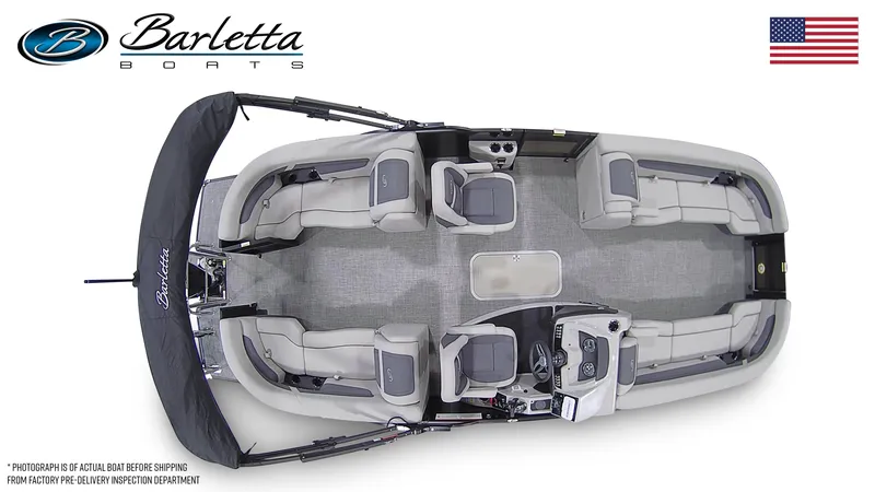 Slide: The Image of 2024 Barletta Cabrio 24QC pontoon boat, top view, spacious seating, and modern design. - 7