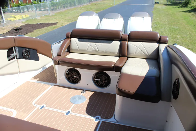 Slide: The Image of 2016 Mystic Powerboats M4200 interior seating and speakers. - 27