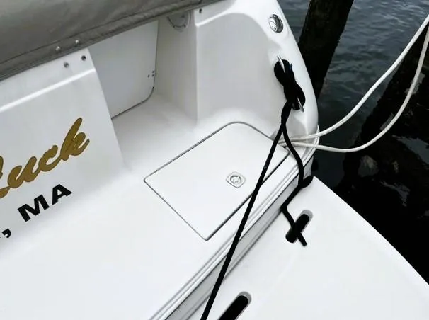 Slide: The Image of 2001 Regal 2960 Commodore Cruiser docked, showing rear deck and mooring lines. - 32