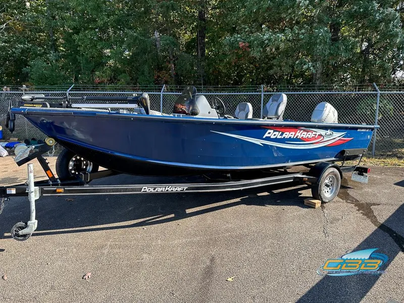 Slide: The Image of 2015 Polar Kraft Outlander 186 SC boat on trailer, blue exterior. - 3
