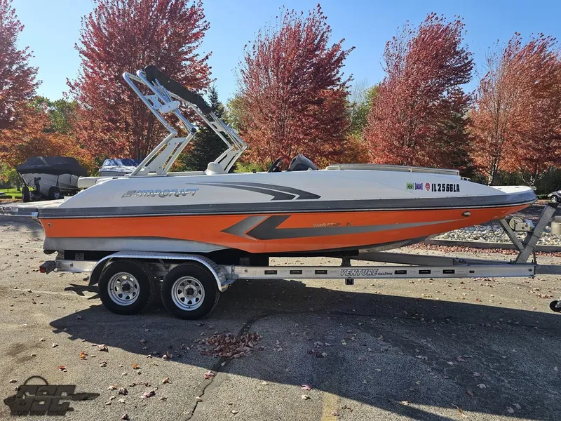 Slide: The Image of 2018 Starcraft Star Step 221 I/O boat on a trailer, autumn trees in background. - 17
