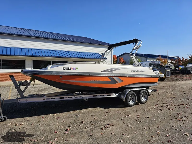 Slide: The Image of 2018 Starcraft Star Step 221 I/O boat on a trailer in a parking lot. - 9