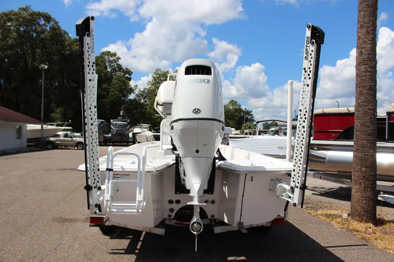 Slide: The Image of 2024 Blue Wave 2200 STL boat rear view with outboard motor and power poles. - 10
