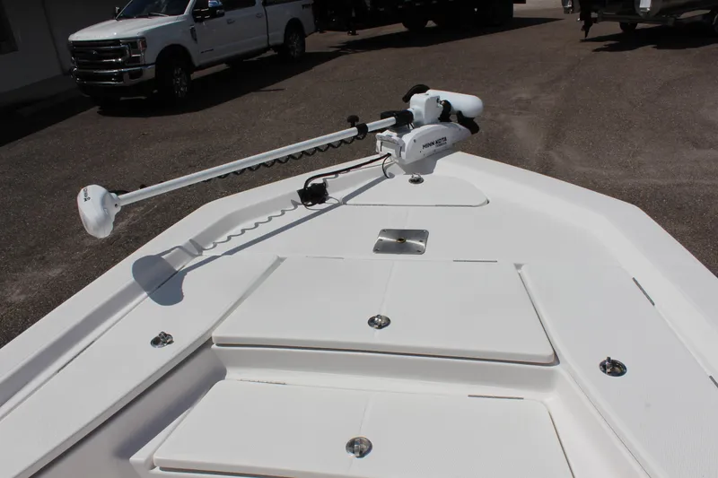 Slide: The Image of 2024 Blue Wave 2200 STL boat deck with trolling motor. - 11