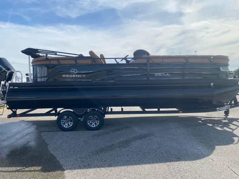 Slide: The Image of 2024 Regency 250 LE3 pontoon boat on a trailer under a cloudy sky. - 1