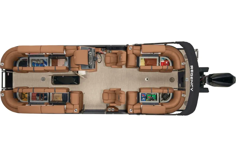 Slide: The Image of 2024 Regency 250 LE3 pontoon boat interior layout with luxurious seating and storage compartments. - 10