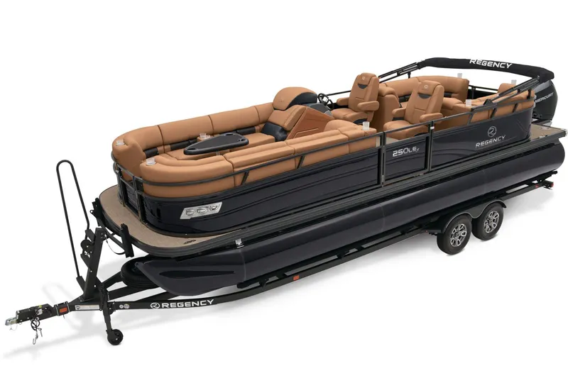 Slide: The Image of 2024 Regency 250 LE3 pontoon boat on a trailer, featuring luxurious tan seating. - 3
