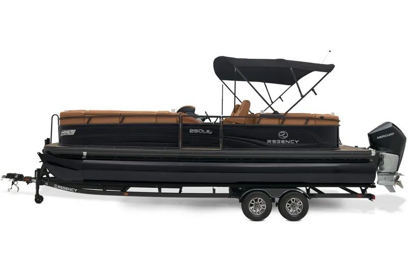 Slide: The Image of 2024 Regency 250 LE3 pontoon boat on trailer with canopy. - 8