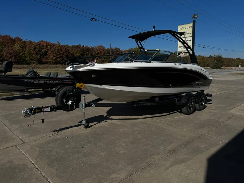 Slide: The Image of 2024 Chaparral 21 SSI SF boat on a trailer in a parking lot. - 2