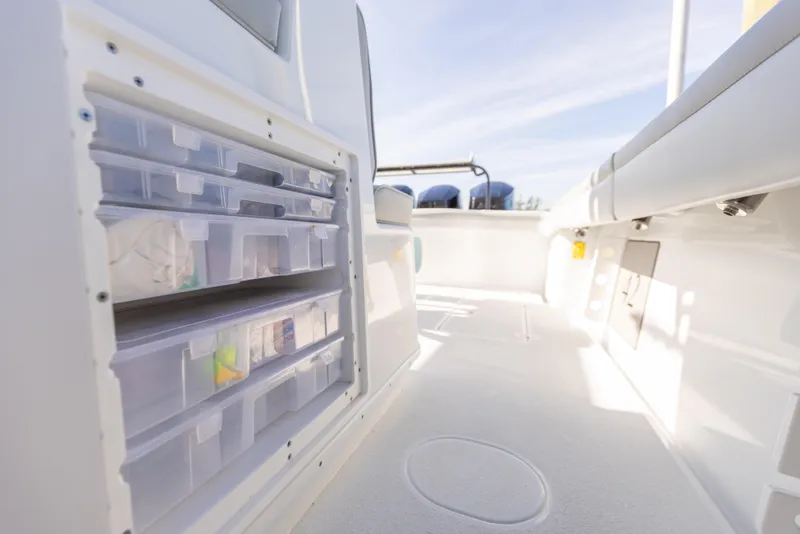Slide: The Image of 2023 Yellowfin 42 boat storage compartments and deck view. - 36