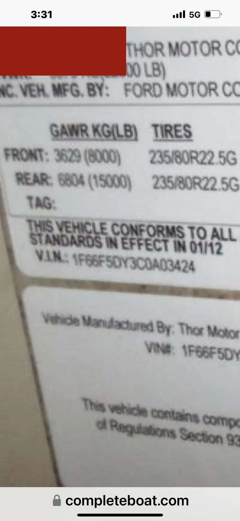 Slide: The Image of 2012 Thor 37DT vehicle information label with tire and weight specifications. - 27