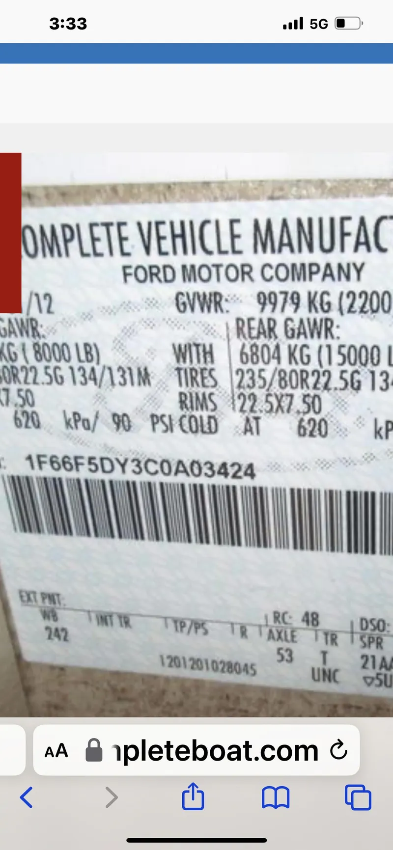 Slide: The Image of 2012 Thor 37DT vehicle manufacturing label with specifications and barcode. - 28