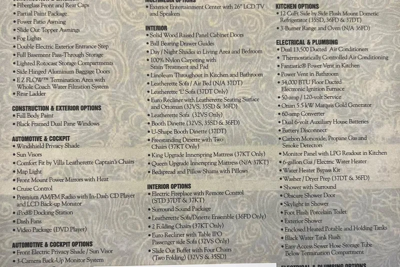 Slide: The Image of 2012 Thor 37DT RV features and options list. - 30