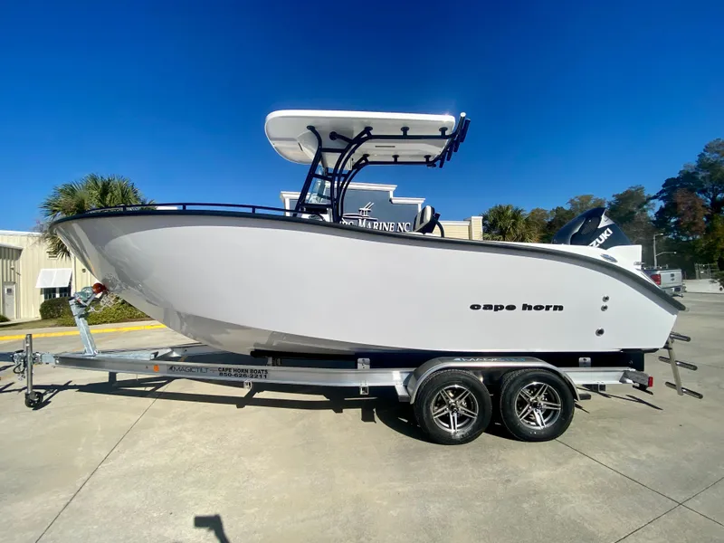 Slide: The Image of 2024 Cape Horn 22OS boat on a trailer, side view. - 0