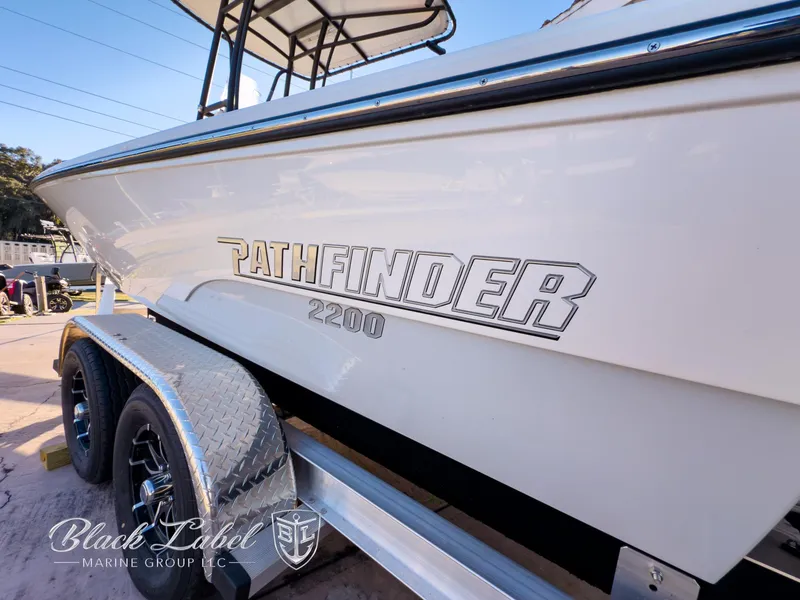 Slide: The Image of 2024 Pathfinder TRS 2200 boat on trailer, Black Label Marine Group logo visible. - 2
