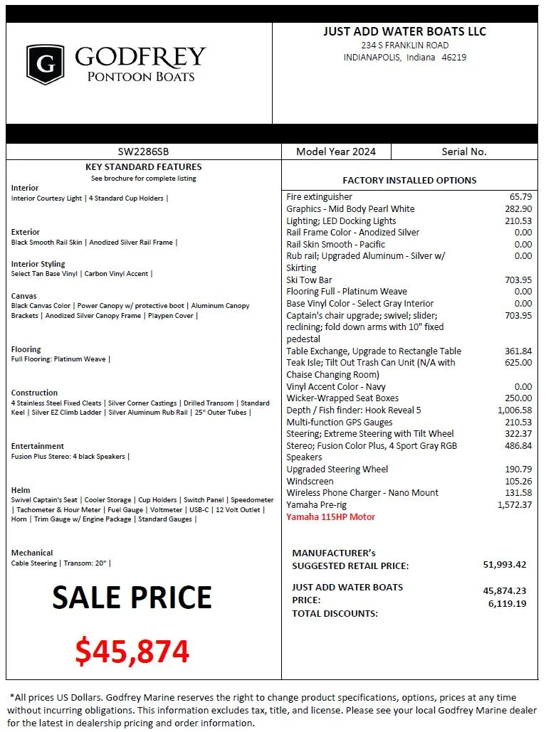 Slide: The Image of 2024 Godfrey SWEETWATER 2286 SB pontoon boat price sheet with sale price of $45,874. - 20