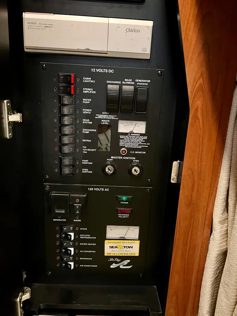 Slide: The Image of Electrical control panel of a 2007 Sea Ray 320 Sundancer repowered boat. - 27