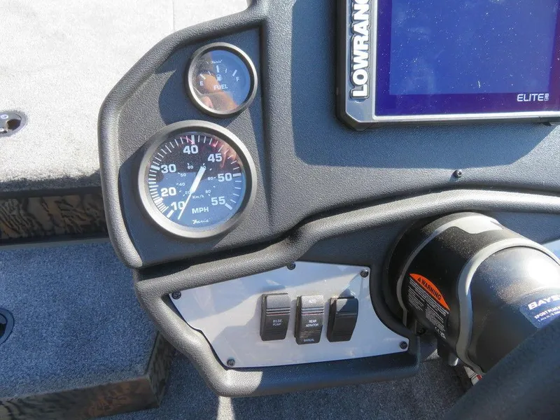 Slide: The Image of 2024 Ranger RT188P boat dashboard with speedometer, fuel gauge, and Lowrance Elite-5 display. - 10