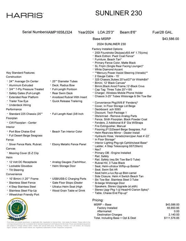 Slide: The Image of 2024 Harris Sunliner 230 specifications and pricing details, featuring standard and optional equipment. - 19