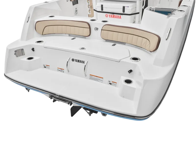 Slide: The Image of 2024 Yamaha Boats 222 FSH Sport rear deck with seating and storage. - 8