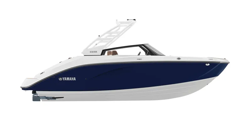 Slide: The Image of 2024 Yamaha Boats 222S, sleek blue and white design, side view. - 0
