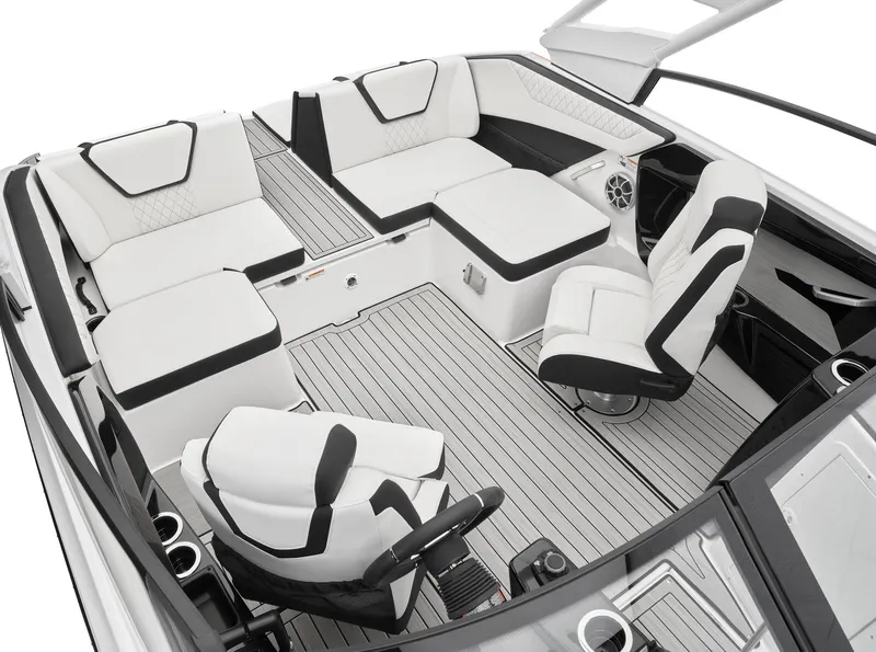 Slide: The Image of 2024 Yamaha Boats 222S interior with white and black seating, spacious layout, and modern design. - 8