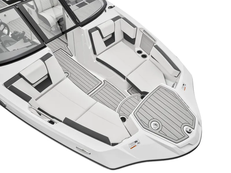 Slide: The Image of 2024 Yamaha Boats 222S bow seating area with cushioned seats and cup holders. - 9