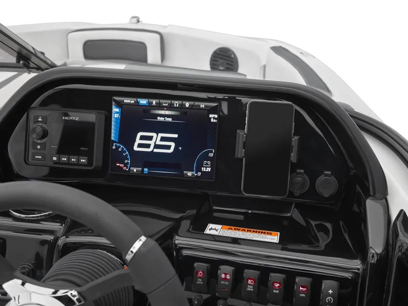 Slide: The Image of 2024 Yamaha Boats 195S dashboard with digital display and controls. - 2