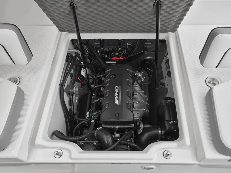 Slide: The Image of 2024 Yamaha Boats 195S engine compartment with open hatch. - 6