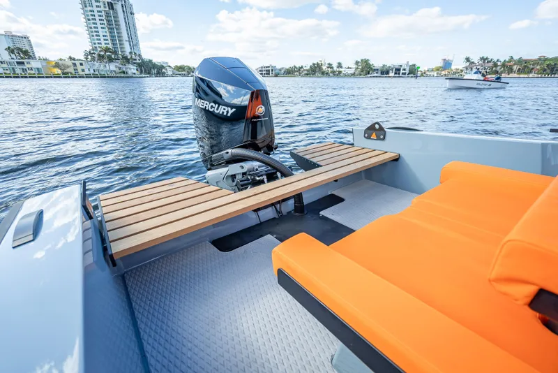 Slide: The Image of 2024 Goldfish 28 Tender boat with Mercury outboard engine on water. - 2